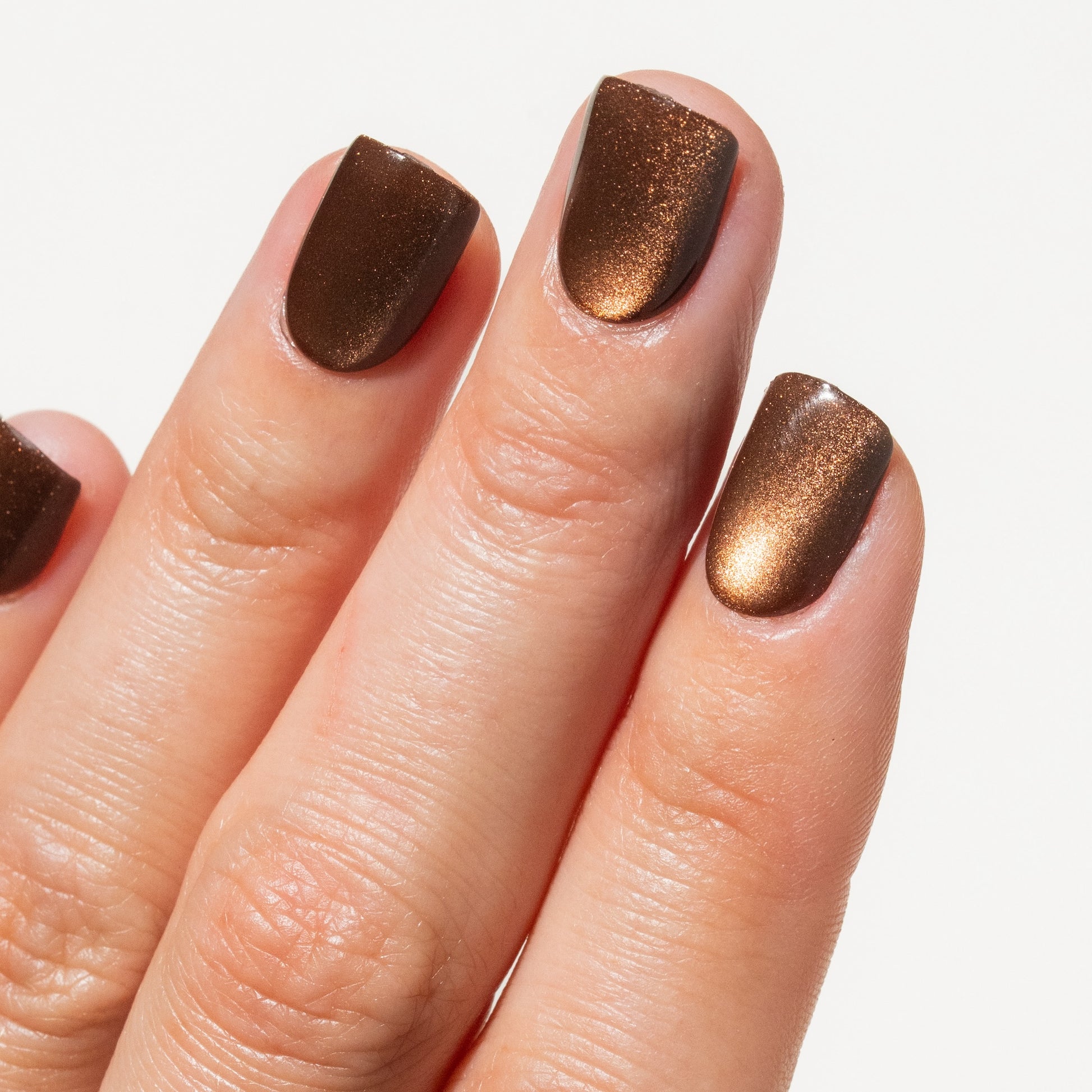 Close-up of a hand with brown press on nails on a white background