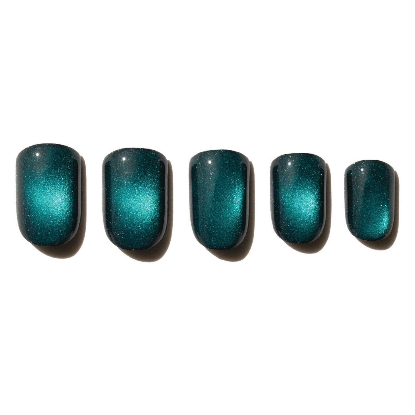 Five teal cats eye nail press on nails arranged in a row on a white background