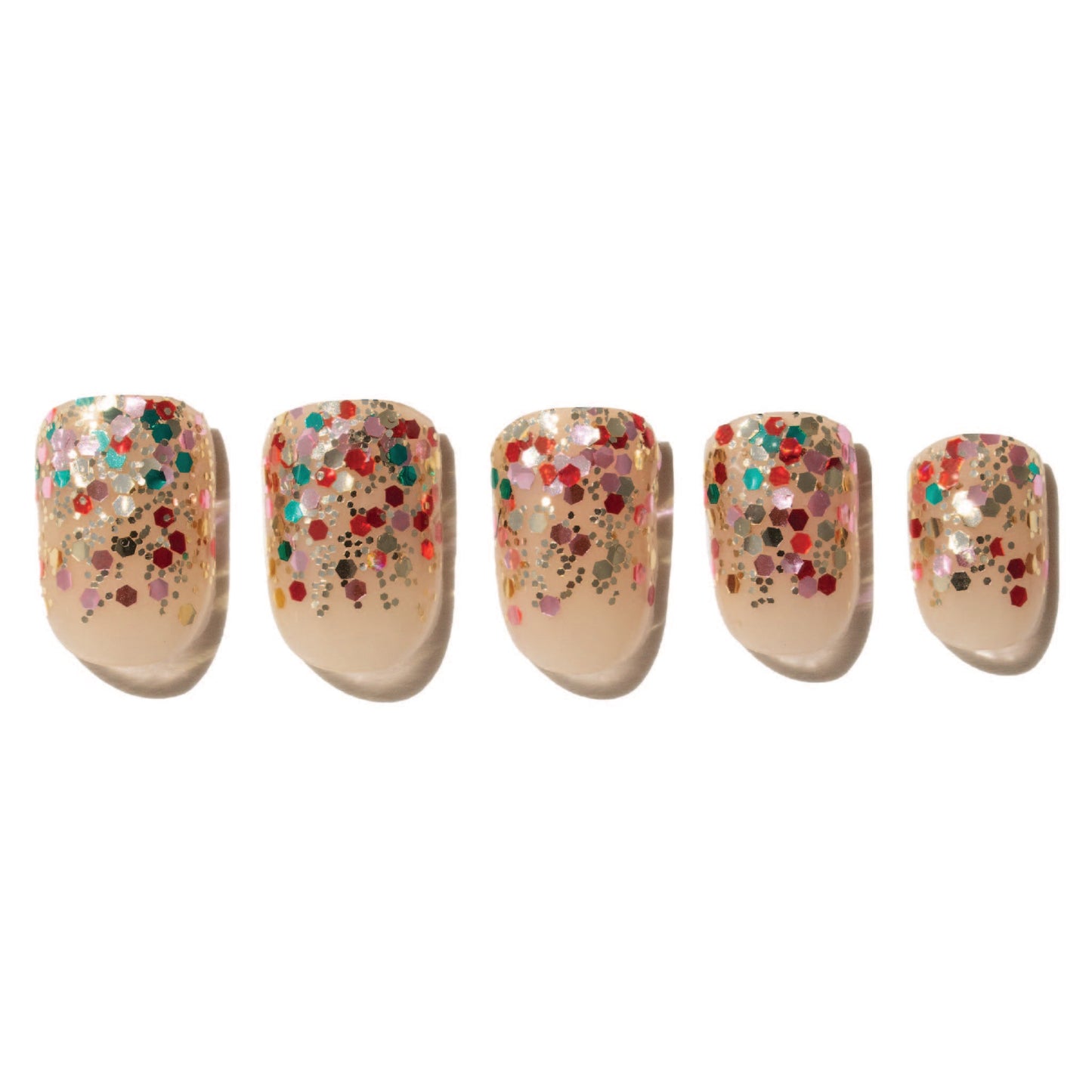 Five nails with multicolored confetti glitter design on a white background