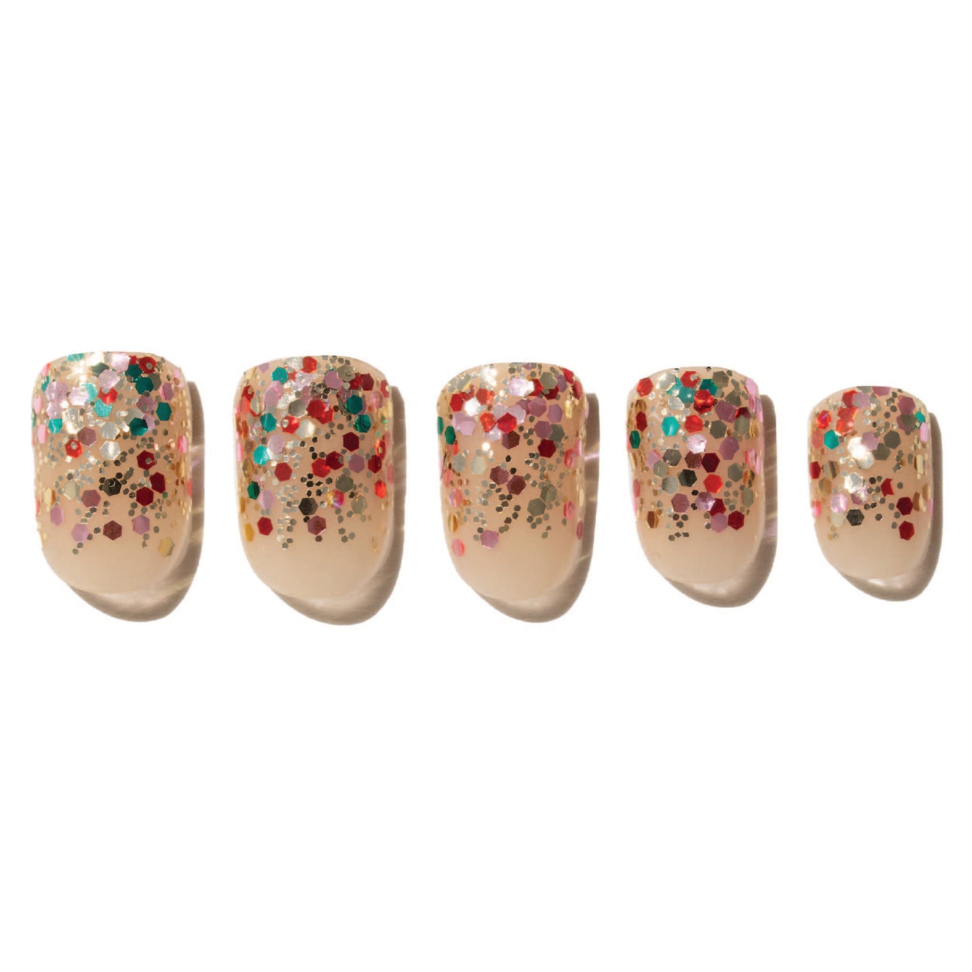 Five nails with multicolored confetti glitter design on a white background