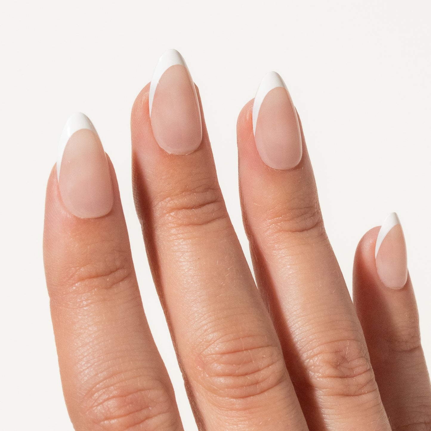 Close-up of a hand with french tip press on nails on a white background