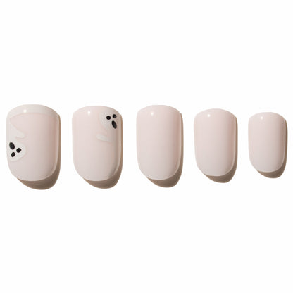 Five white ghost press on nails on a white background