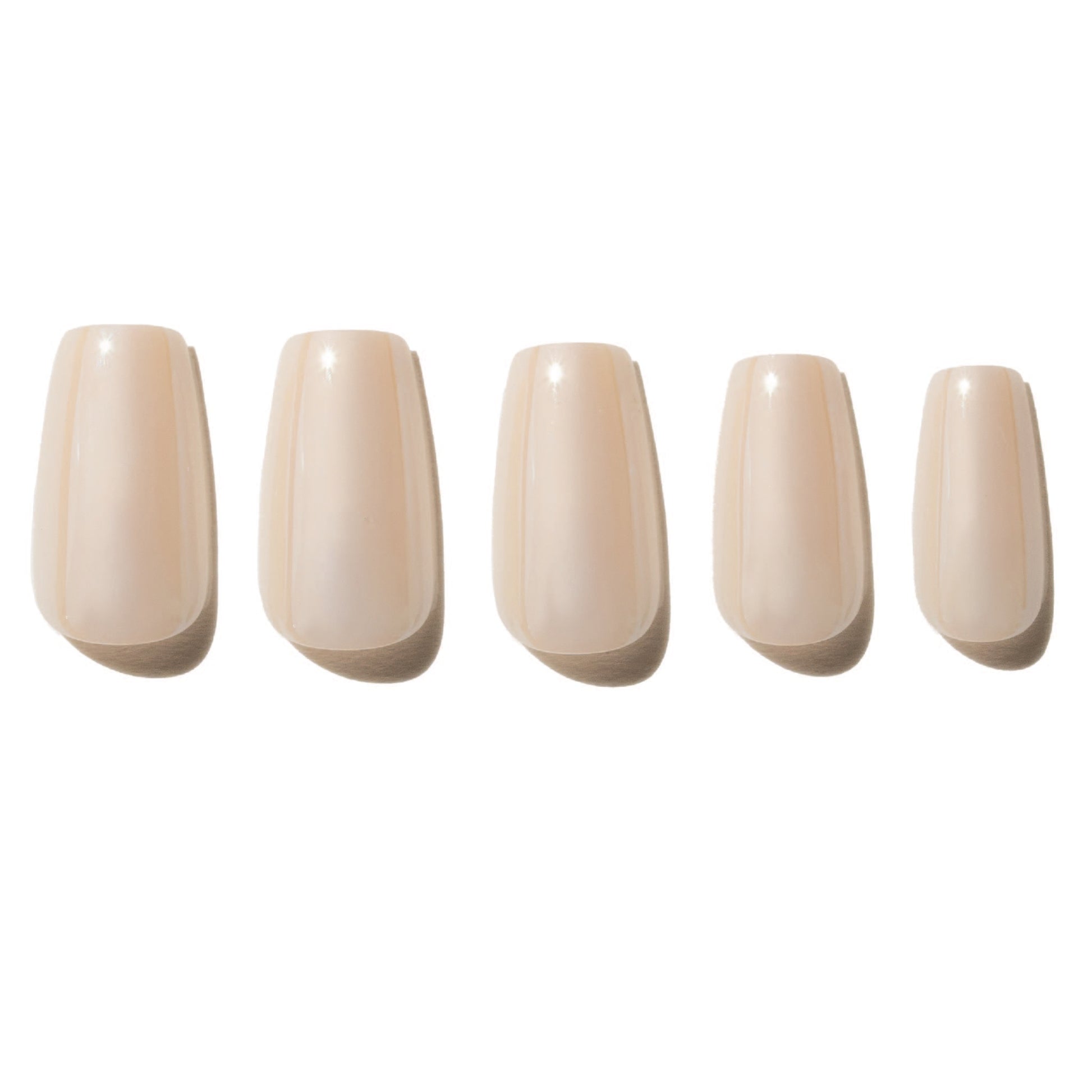 Five off white press on nails on a white background