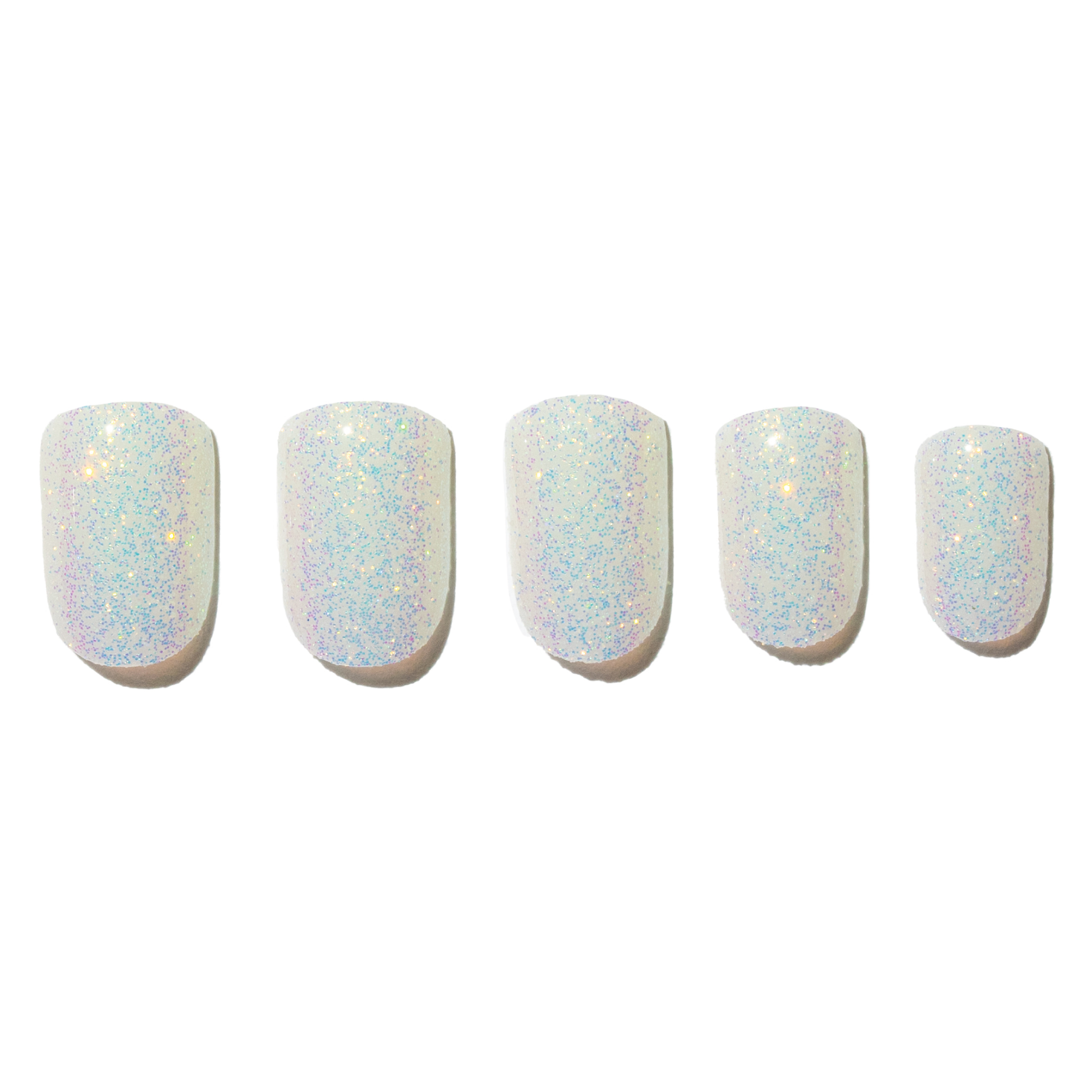 A set of four artificial nails with a white iridescent glitter finish.