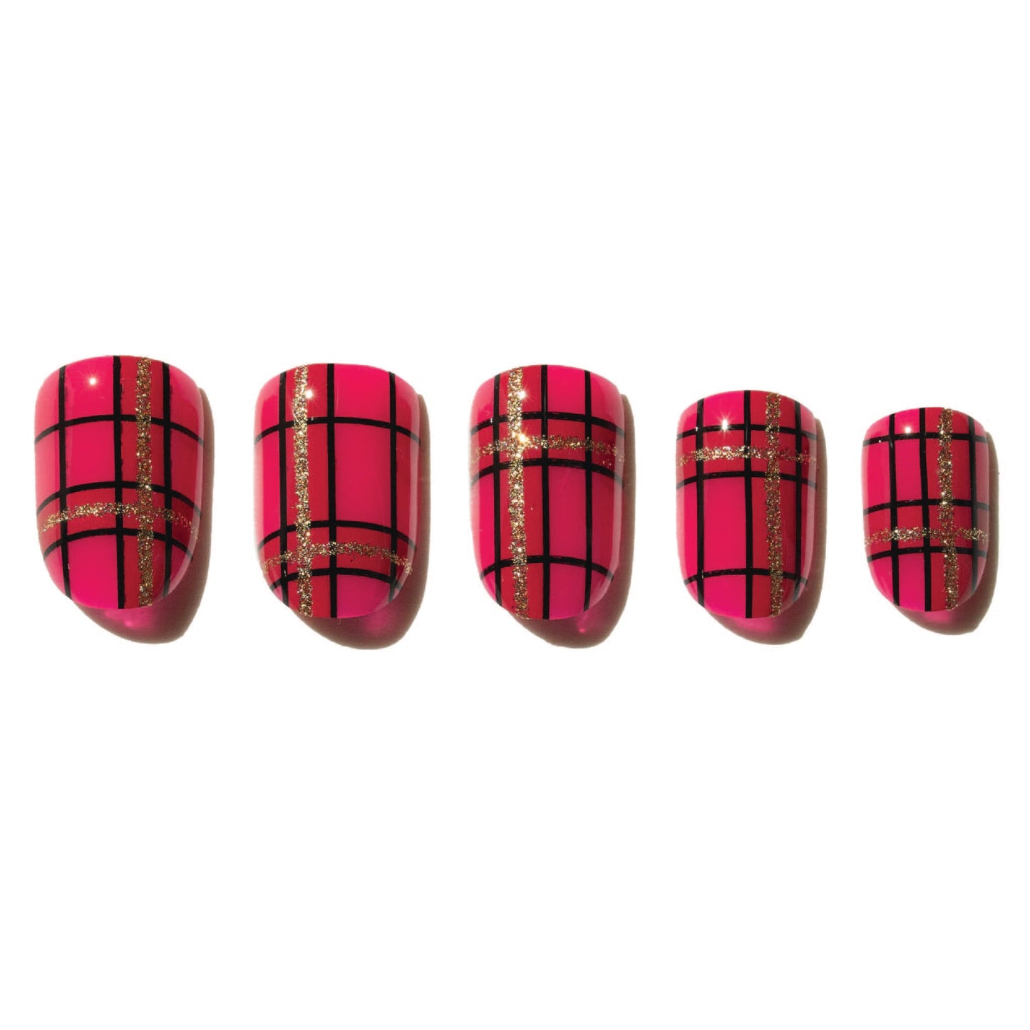 Five pink press on nails with plaid design on a white background