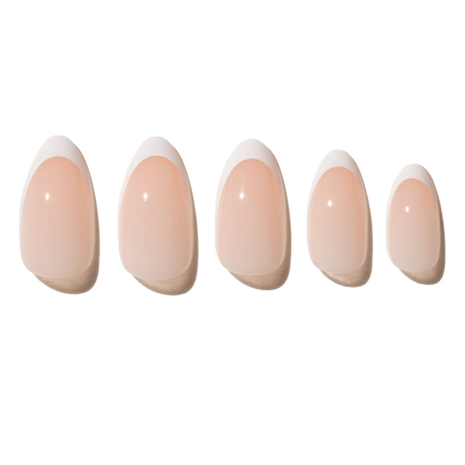 Five french manicure press on nails on a white background