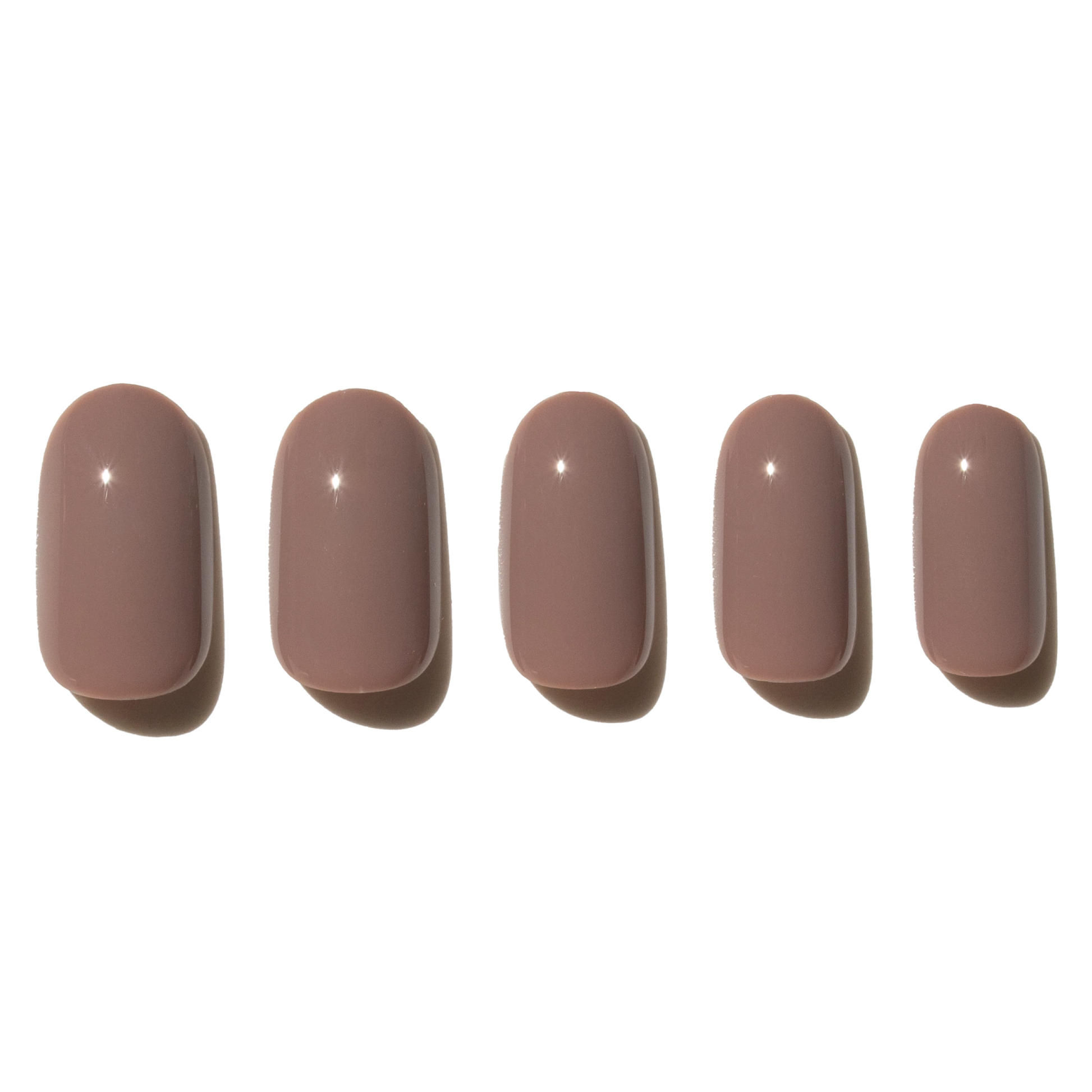 Five mocha brown presso n nails on a white background