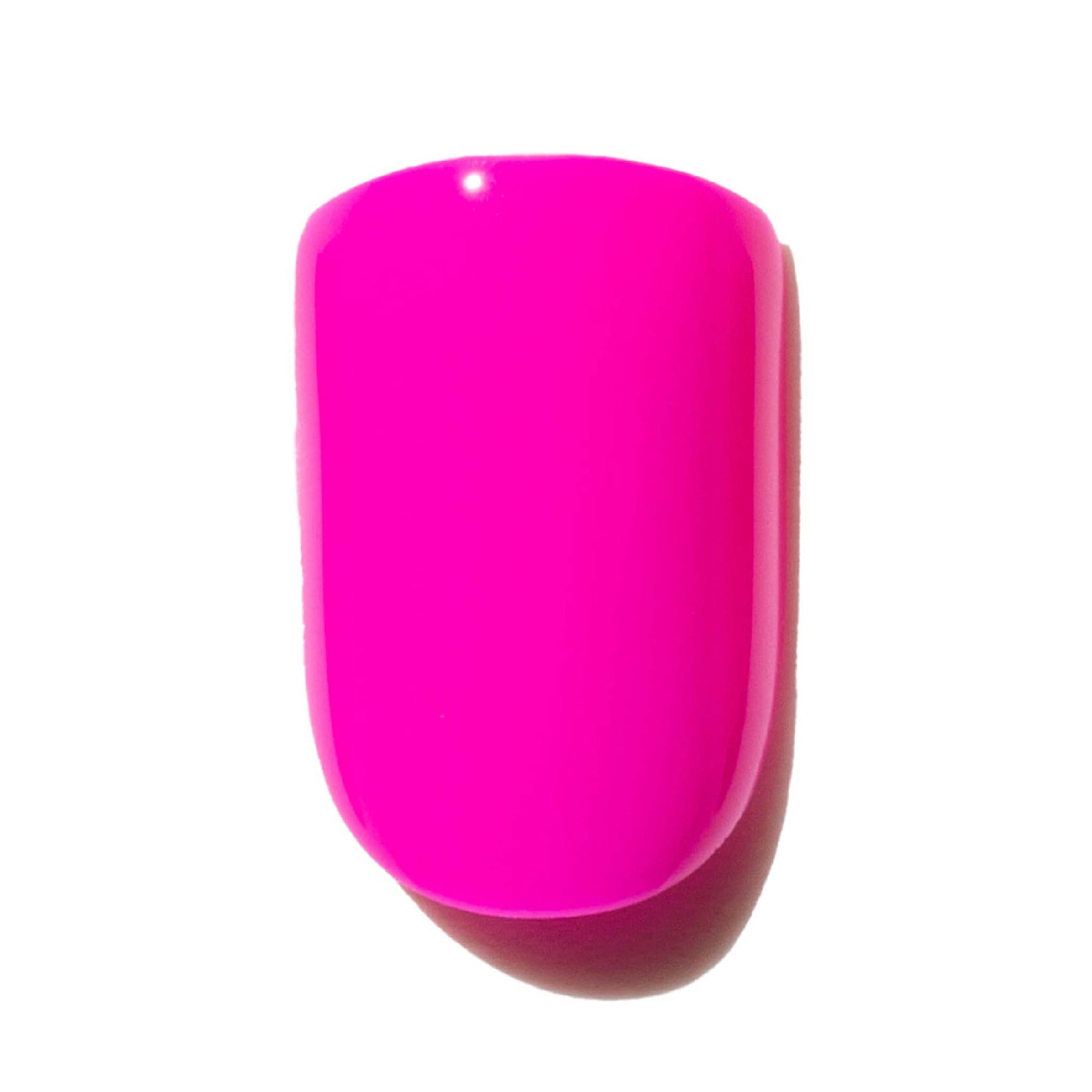 Bright pink press-on nail with a glossy finish and smooth short square shape