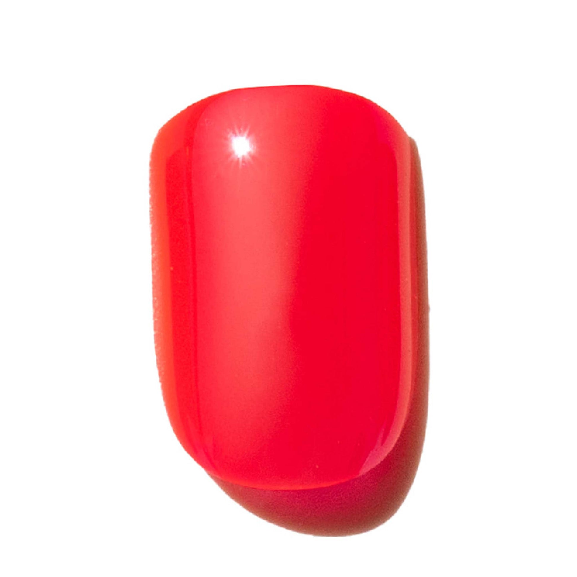 Bright red press-on nails in multiple sizes with a glossy short square shape