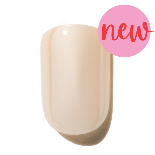 Glossy beige press on nail a pink 'new' label on a white background