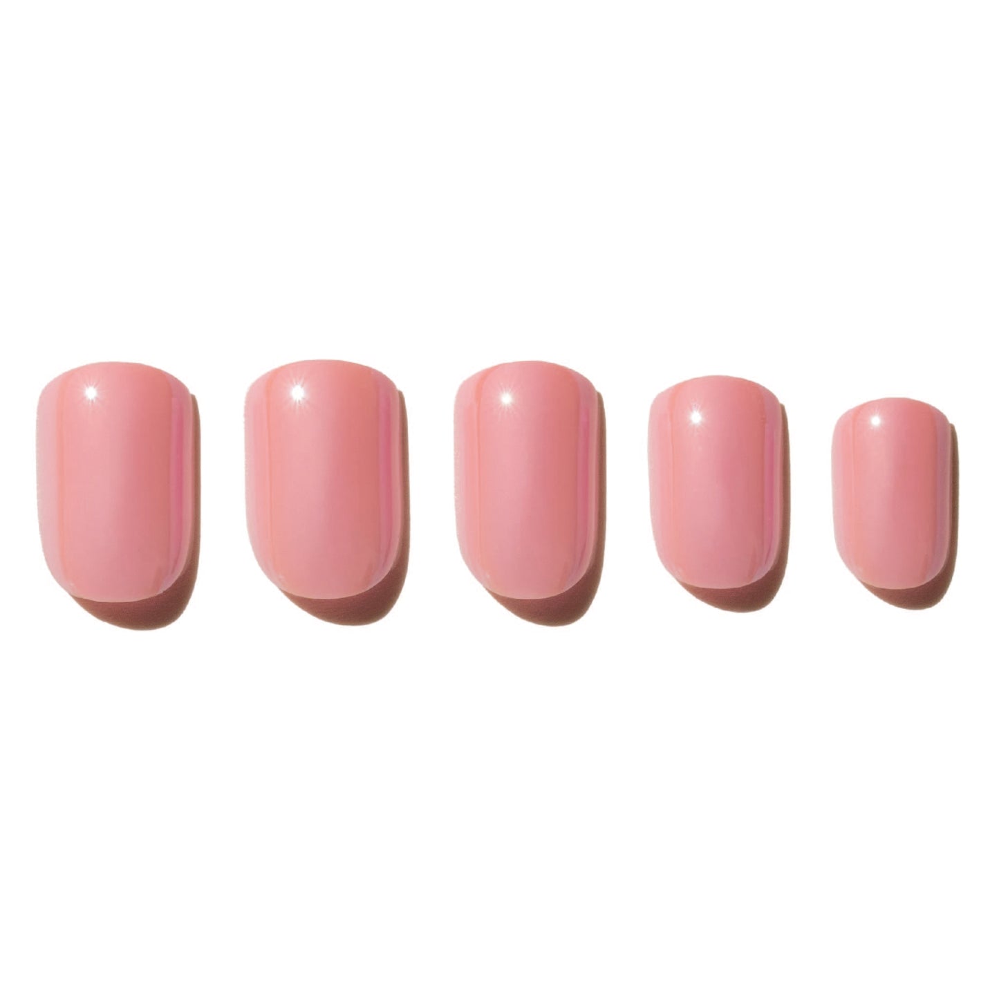 Five pink nails with a gradient effect on a white background