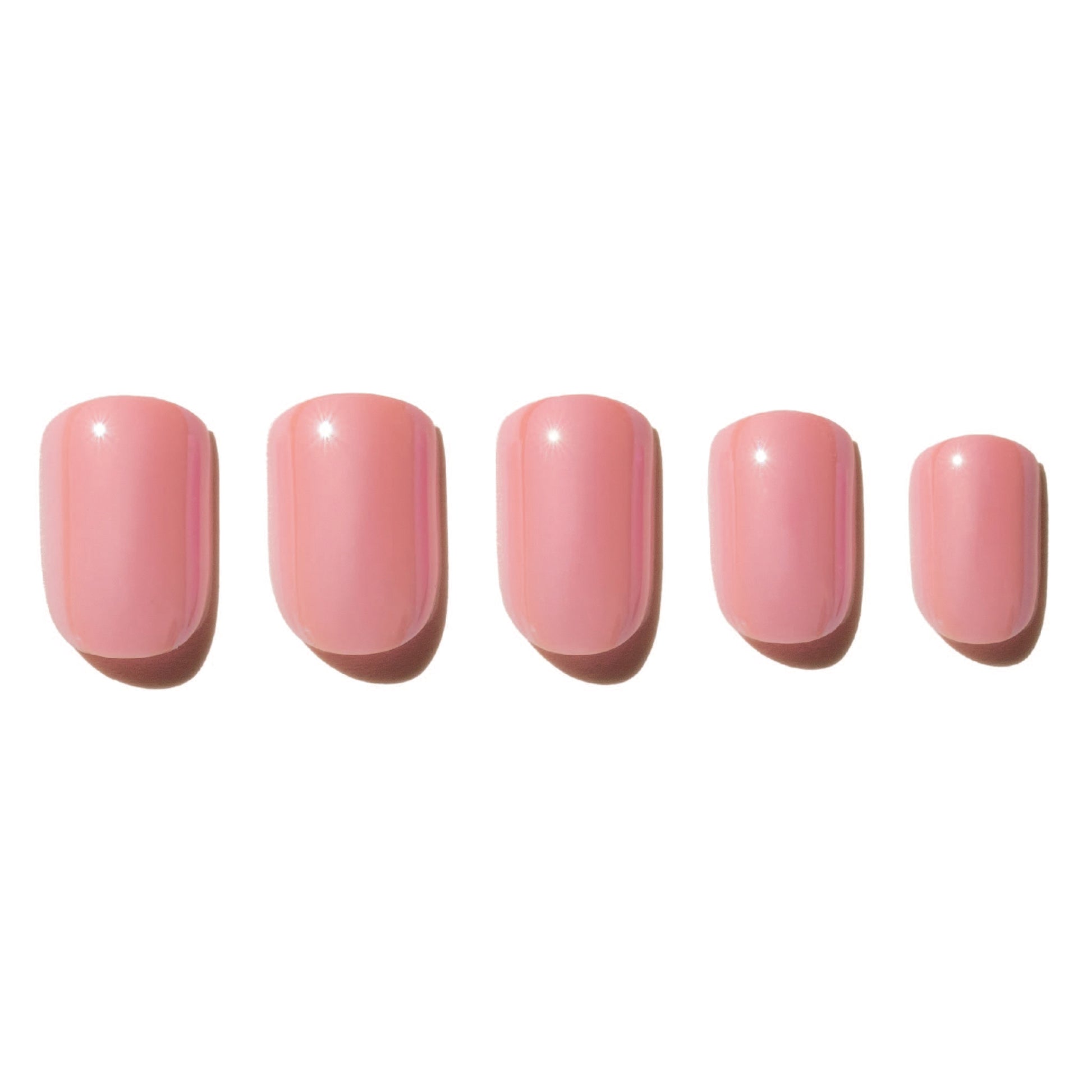 Five pink nails with a gradient effect on a white background