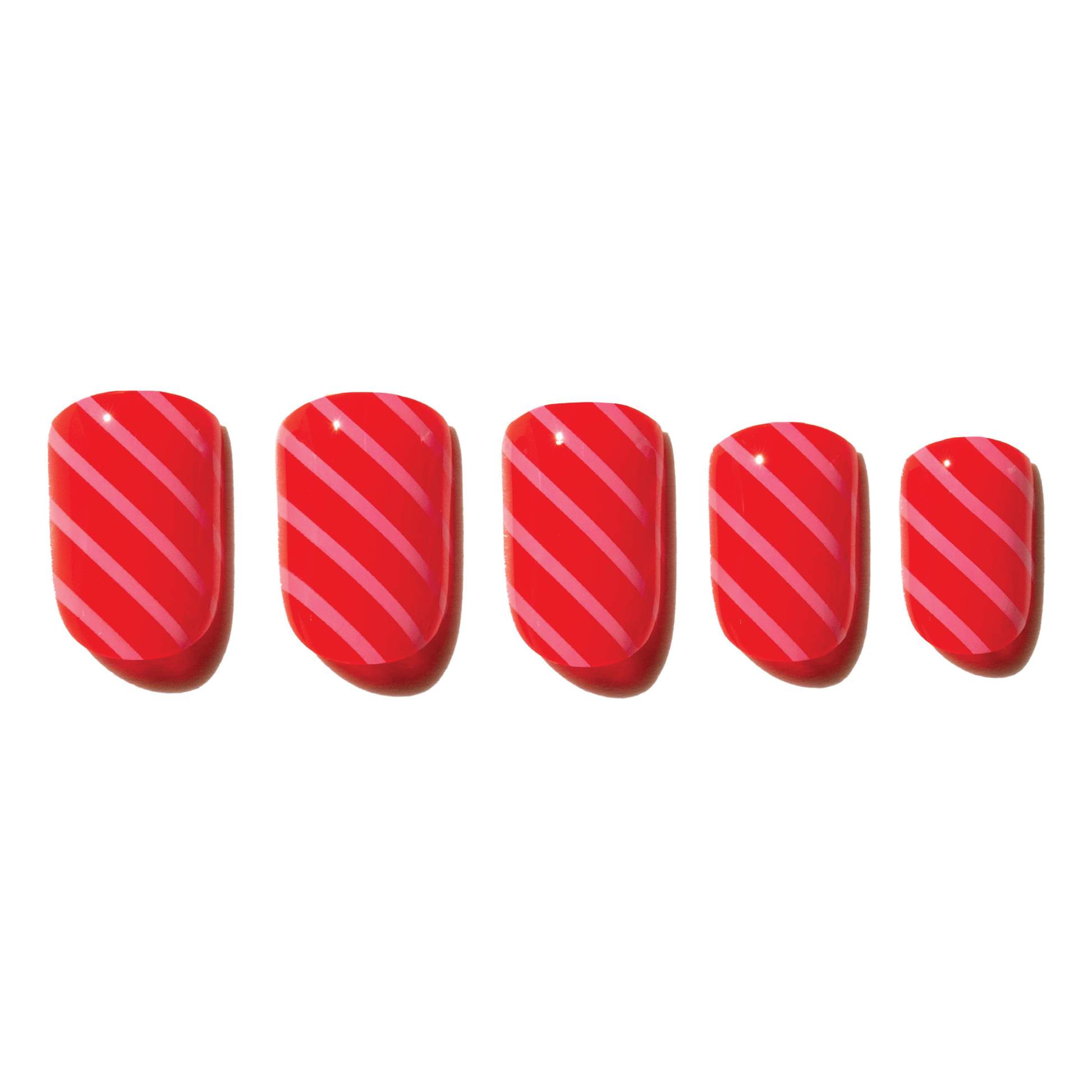 Set of red press on nails with pink diagonal stripes on a white background