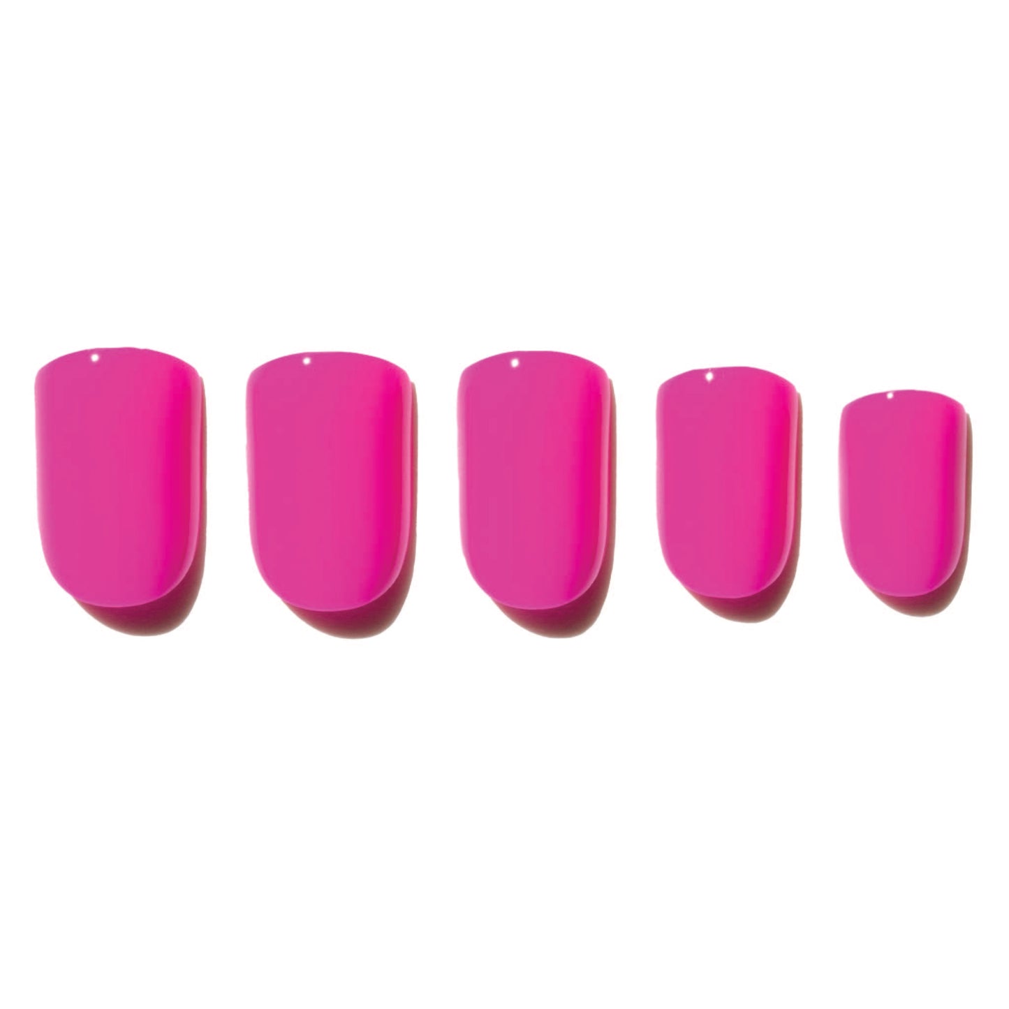 Neon pink press-on nails with a glossy finish and smooth short square shape