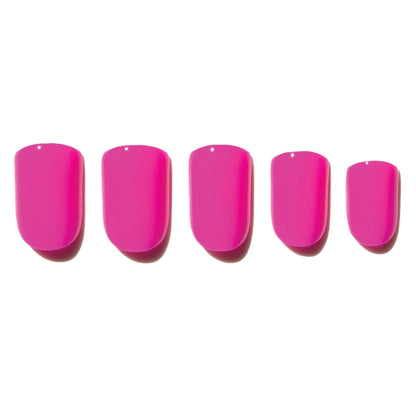 Neon pink press-on nails with a glossy finish and smooth short square shape