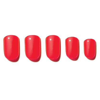 Bright red press-on nails in multiple sizes with a glossy short square shape