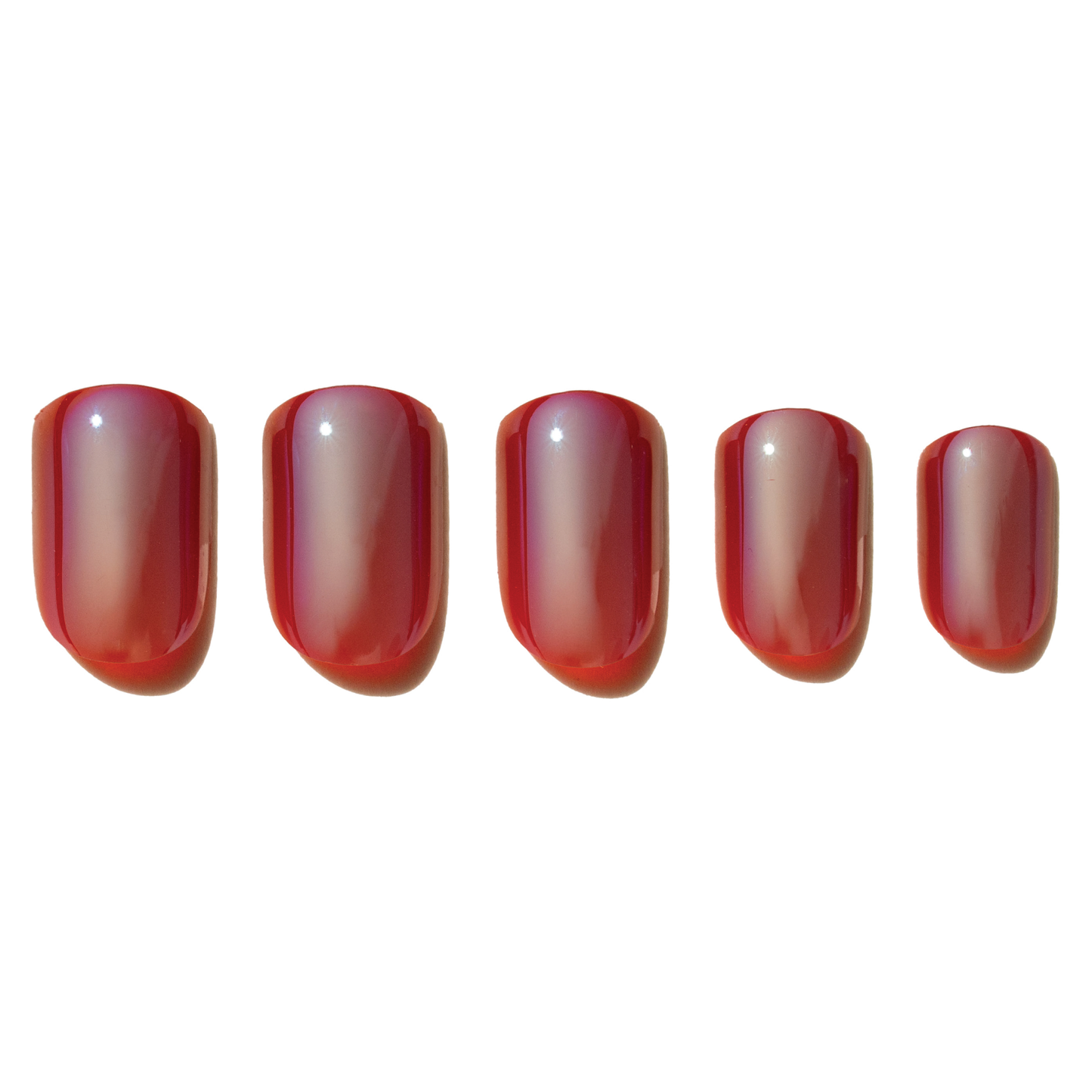Set of five red press on nails on a white background