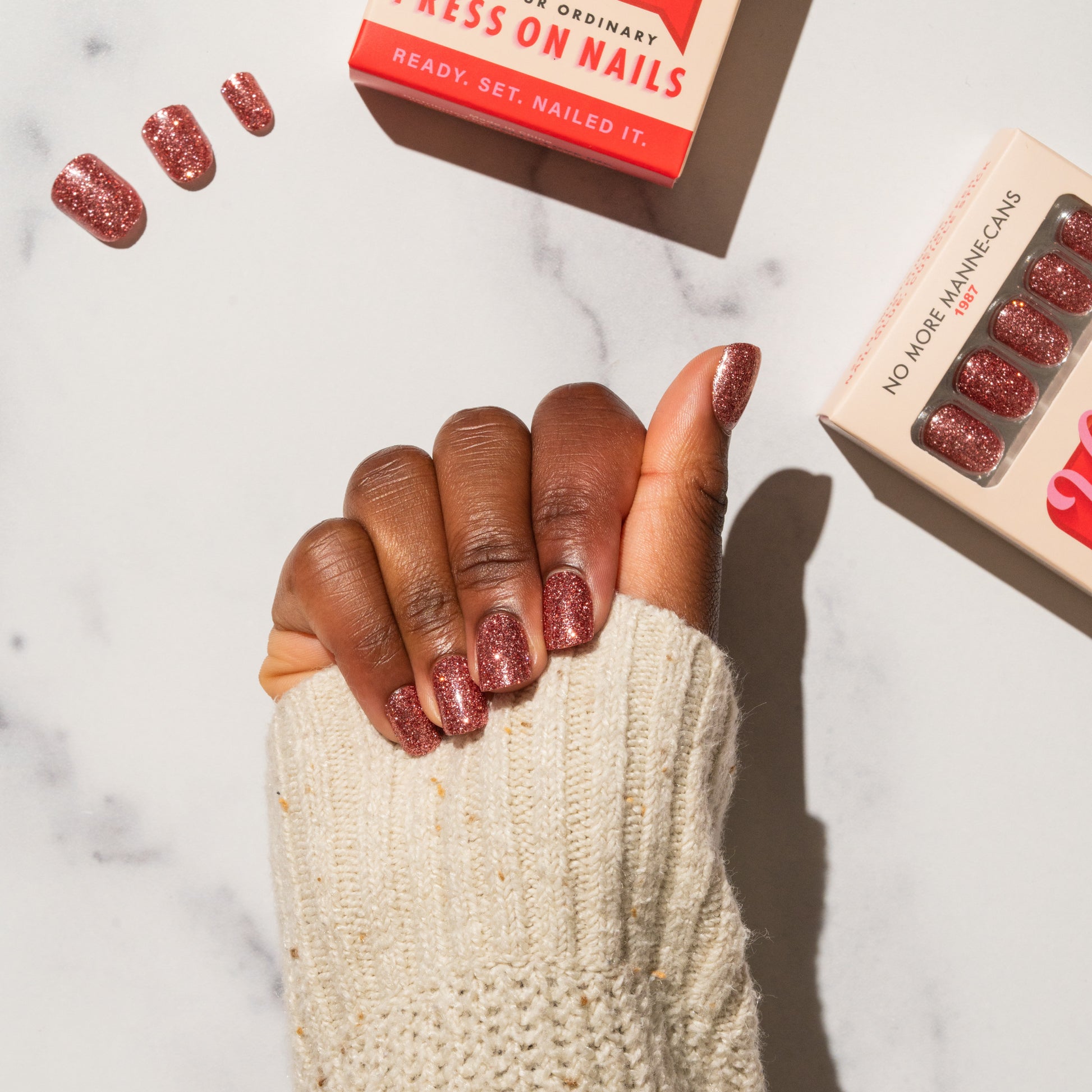 Rose Gold Glitter Press-On Nails | Short | Square NMM