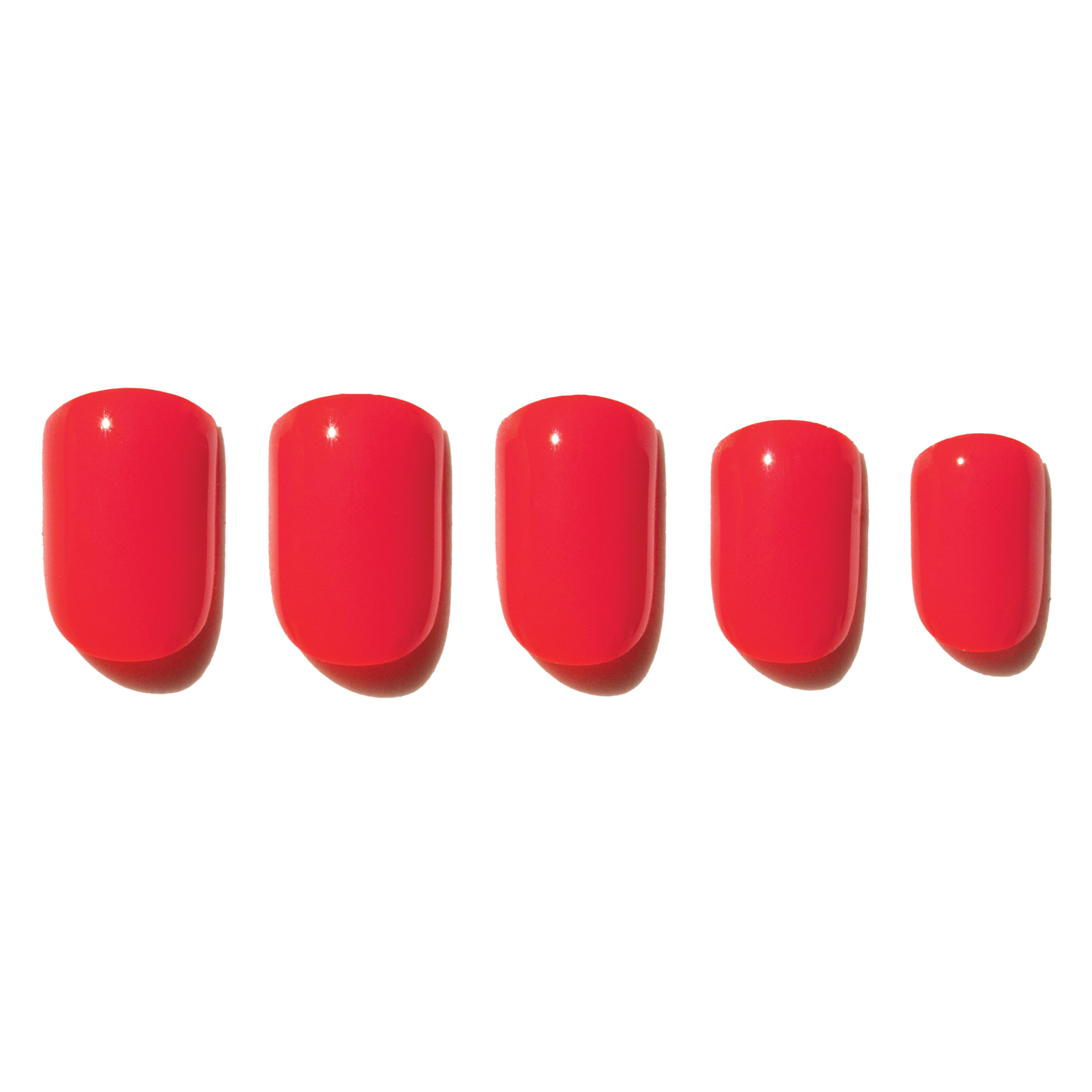 Five red press on nails samples of different sizes on a white background
