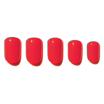 Five red press on nails samples of different sizes on a white background
