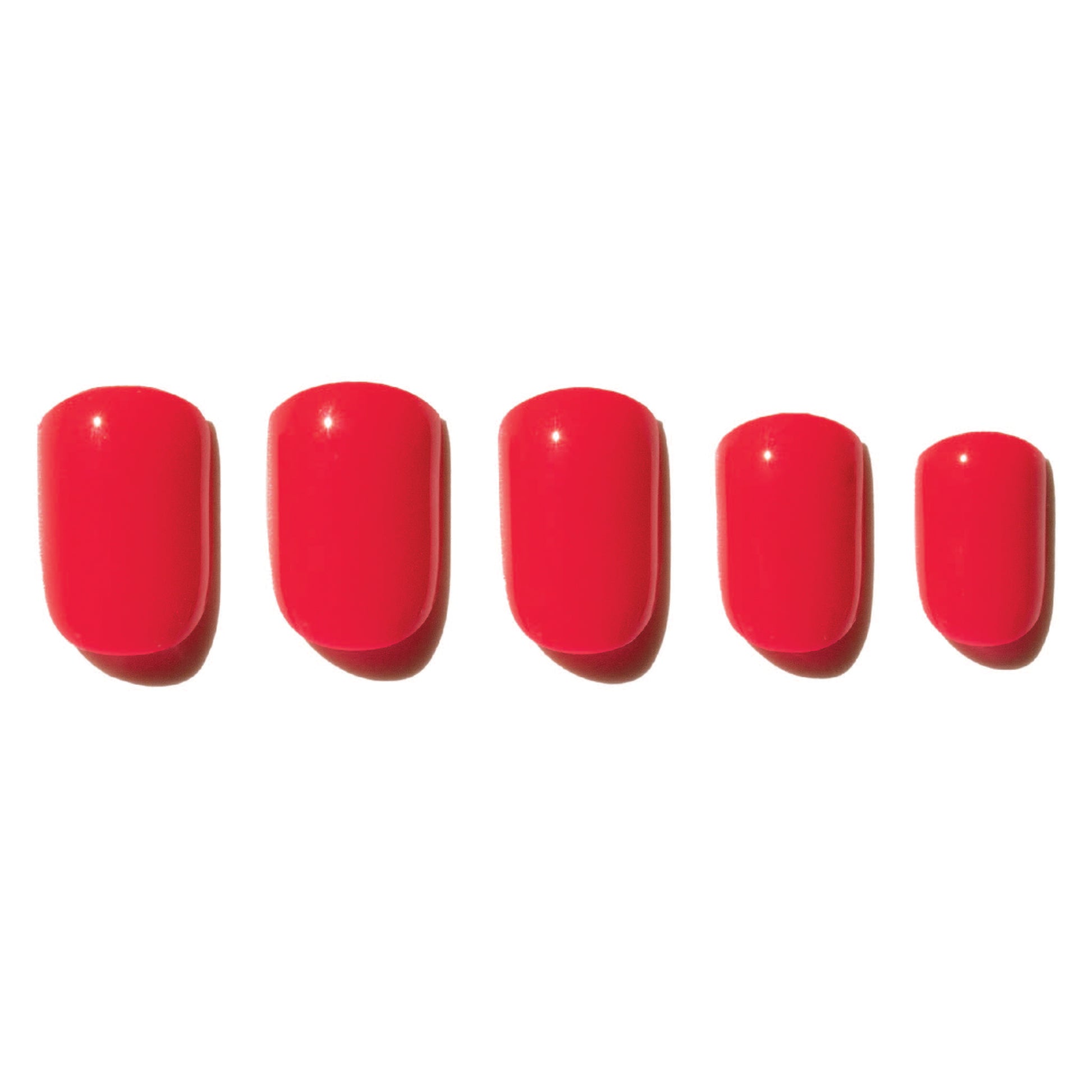 Five watermelon pink press on nails on a white background